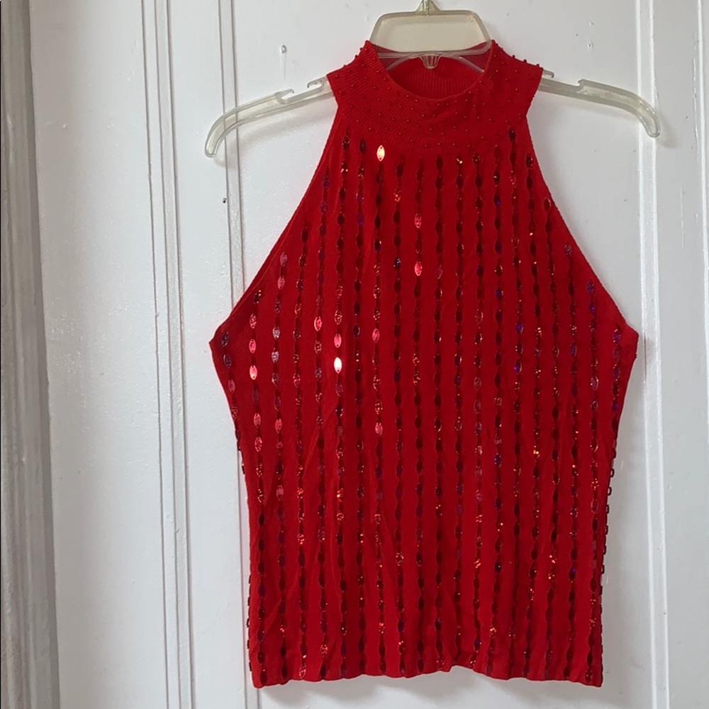 Red High Neck Sleeveless Blouse.